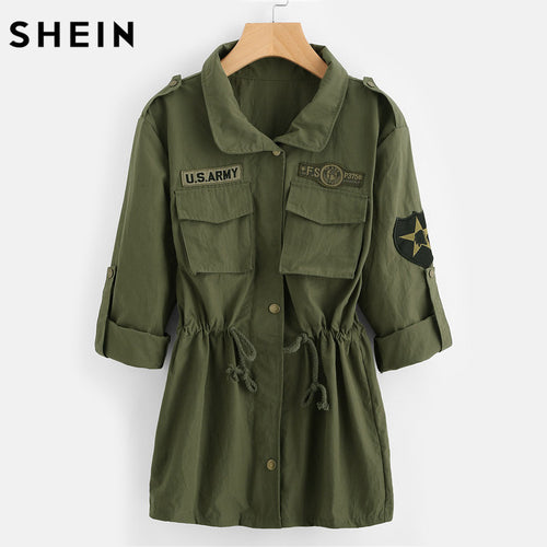 Women Green Drawstring Waist Patch Sleeve Utility Jacket