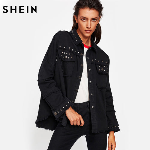 Women Black Studded Frayed Hem Denim Jacket