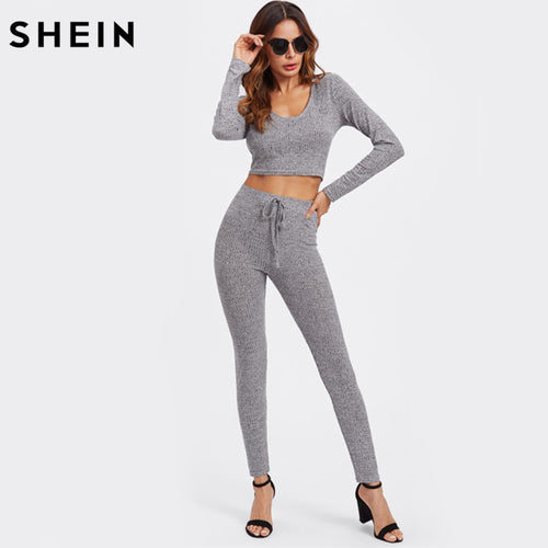 Women Grey Long Sleeve Sexy Crop Tee and Leggings Set