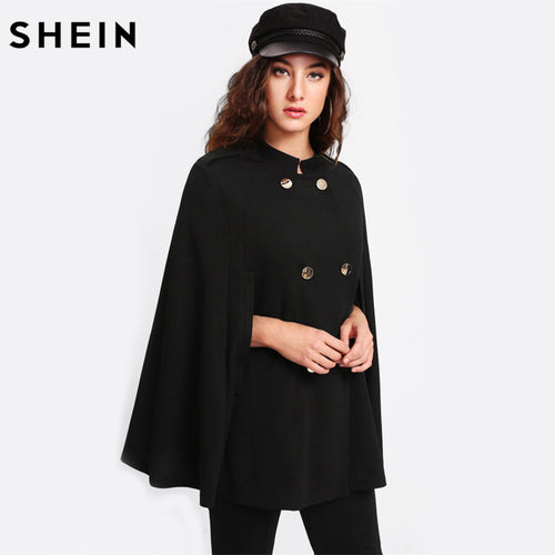 Women Black Double Breasted Cape Coat