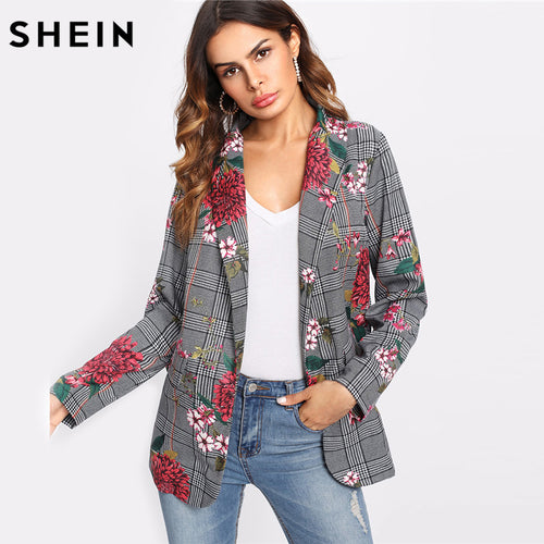 Women Multicolor Plaid Blazer Long Sleeve