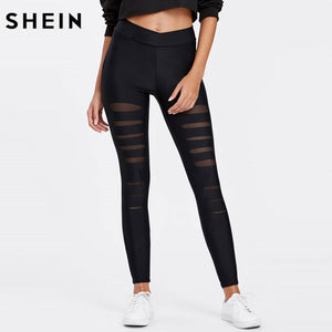 Women Black LeggingsMesh Insert Ripped Leggings