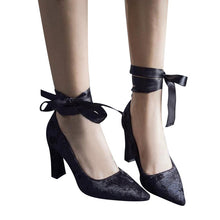 Women Thick Heel Pumps Ribbon Tie Flock Shoes