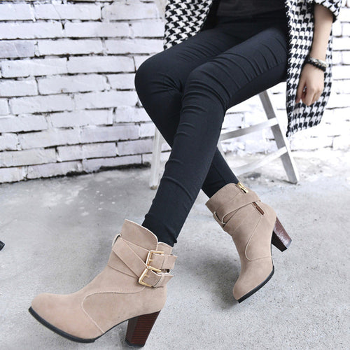 Women Belt Buckle Ladies Faux Ankle Boots