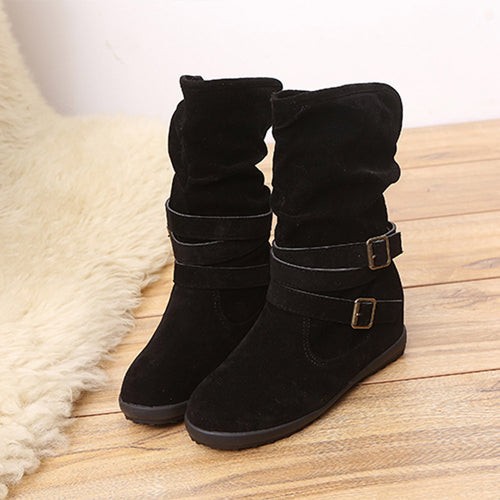 Womens Low Wedge Buckle Biker Ankle Boots