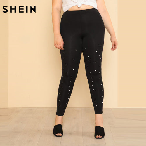 Women Black Plus Size Pearl Beading Black Leggins