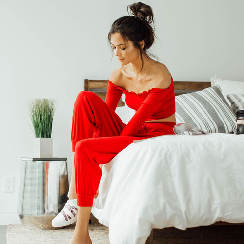 Women Red Two Piece Set Top and Pants Set