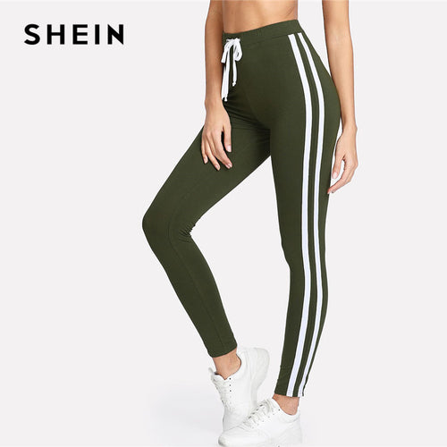 Women Army Green Tape Side Sporty Leggings