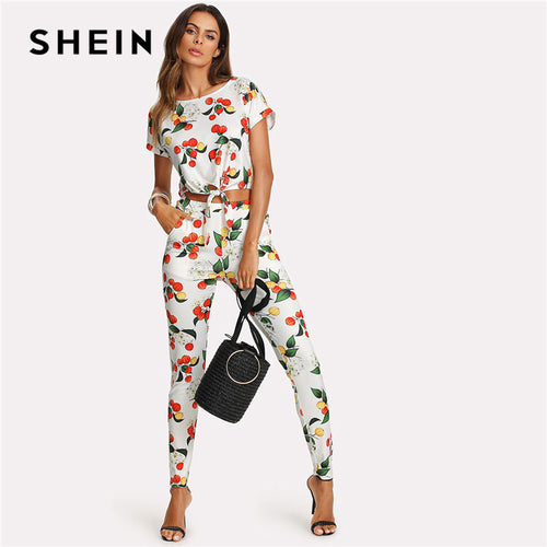 Women Botanical Print Knot Front Roll Up Sleeve Top And Pants Set