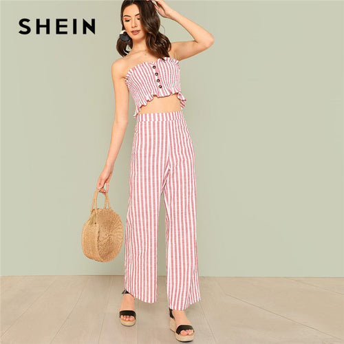 Women Shirred Ruffle Hem Strapless Top & Pants Set