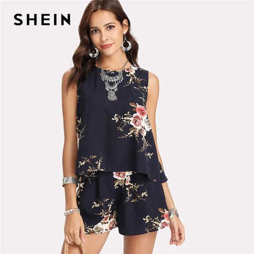 Women Floral Print Overlap Back Top & Shorts Set