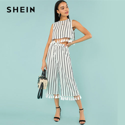 Women Tassel Trim Striped Shell Top And Culotte Pants Set