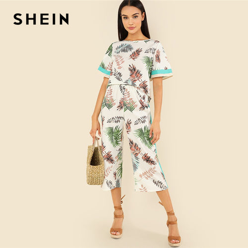 Women Multicolor Jungle Leaf Top And Wide Leg Pants