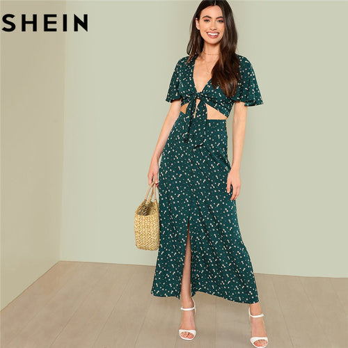 Women Green Boho Floral Print V Neck Women Two Piece Set