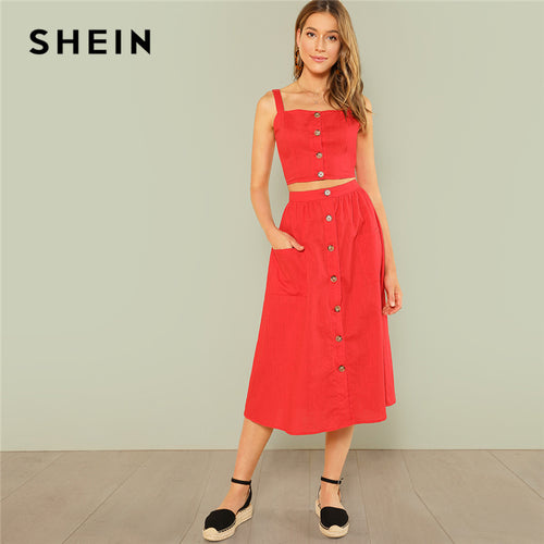 Women Red Elegant Button Up Crop Straps Cami Top And Flare Skirt