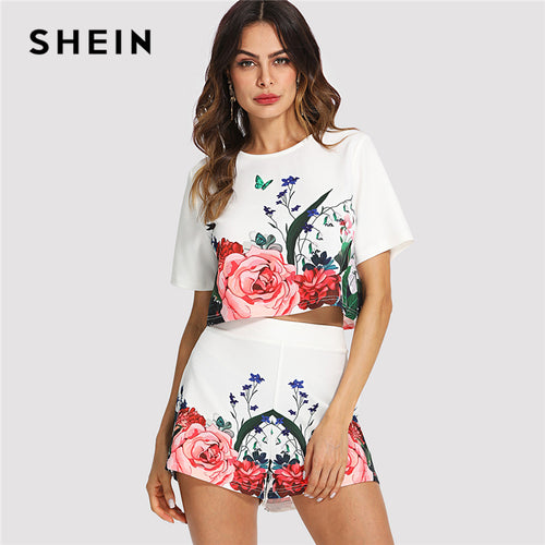 Women Multicolor Short Sleeve Button Crop Top And Shorts Set