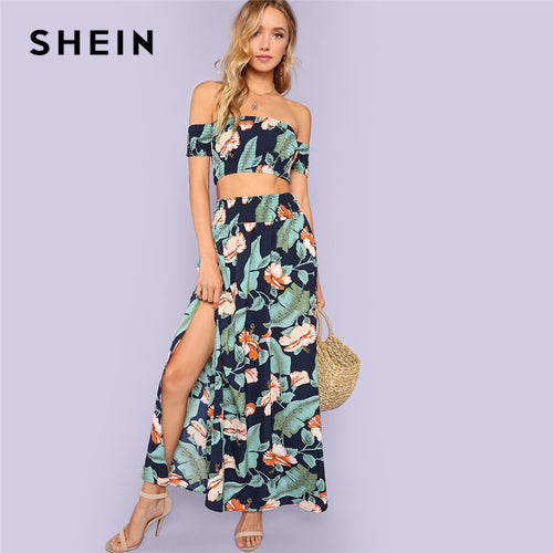 Women Multicolor Jungle Leaf Print Shirred Crop Top and Slit Skirt