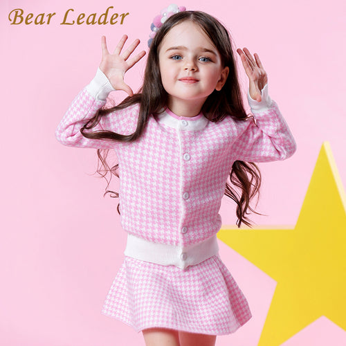 Girl Autumn Pink Houndstooth Knitted Suits Sets