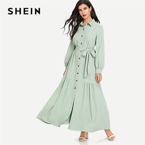 Women Green Minimalist Highstreet Ruffle Hem Button Up Belted