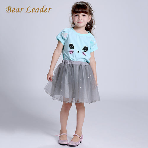 Girl Cartoon Cat Print Pearls Voile Dress