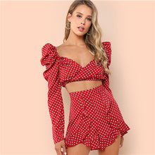 Women Red Polka Dot Wrap Top And Ruffle Hem Shorts Set