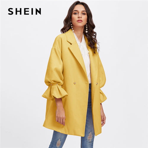 Women Yellow Elegant Drop Shoulder Pearl Detail Ruffle Cuff Highstreet Coat